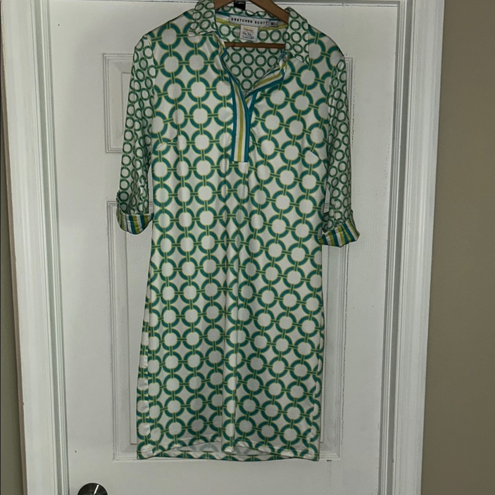 Gretchen Scott Designs White, Teal & Green Geometric Polo Dress - Picture 4 of 4